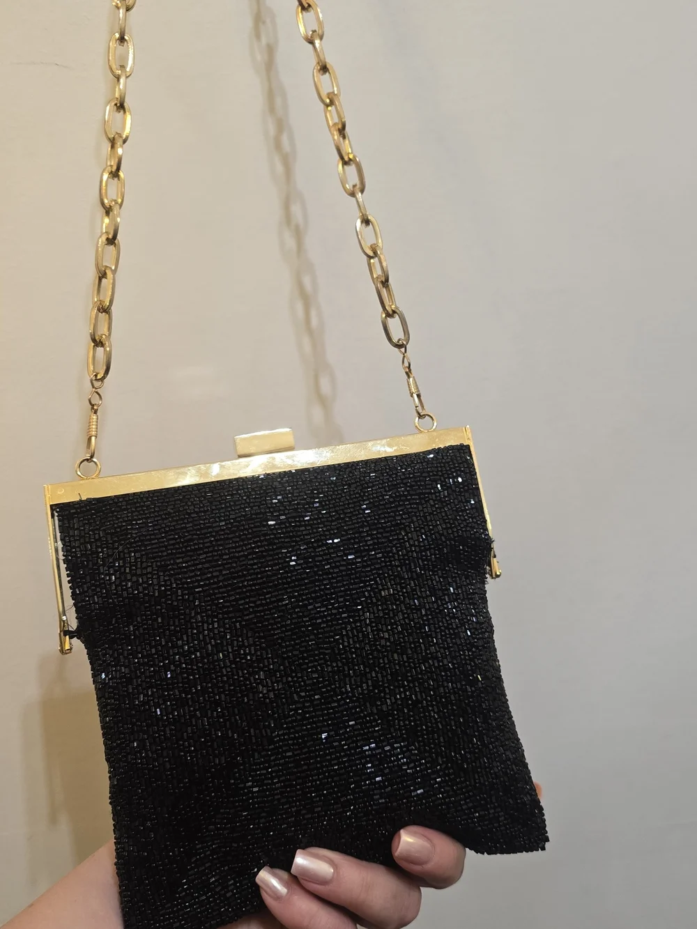 Sparkling Black Beaded Evening Clutch with Silver Chain